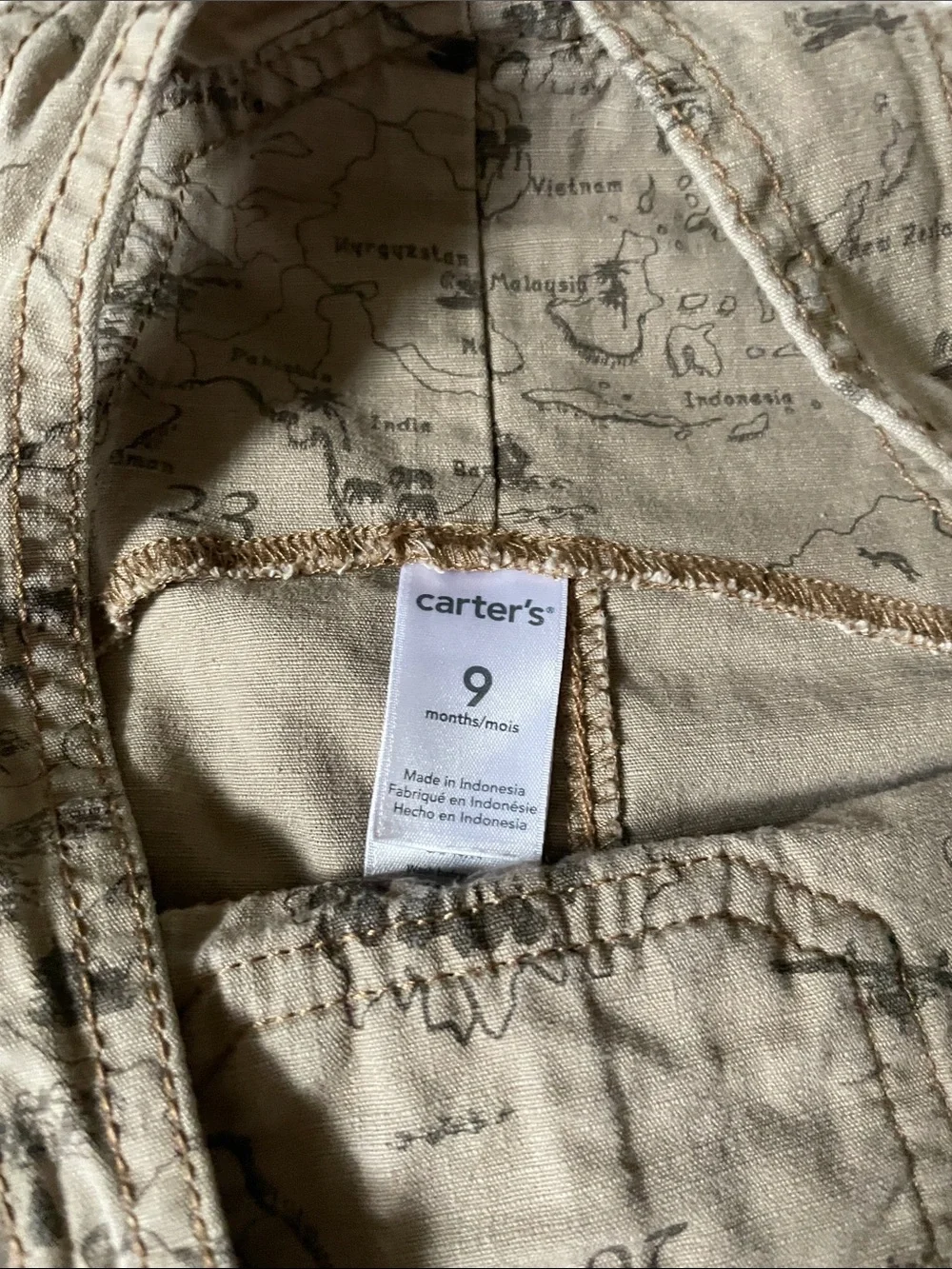 Carter's Little Explorers World Travelers Tan Map-Print Baby Shorts Overalls EUC